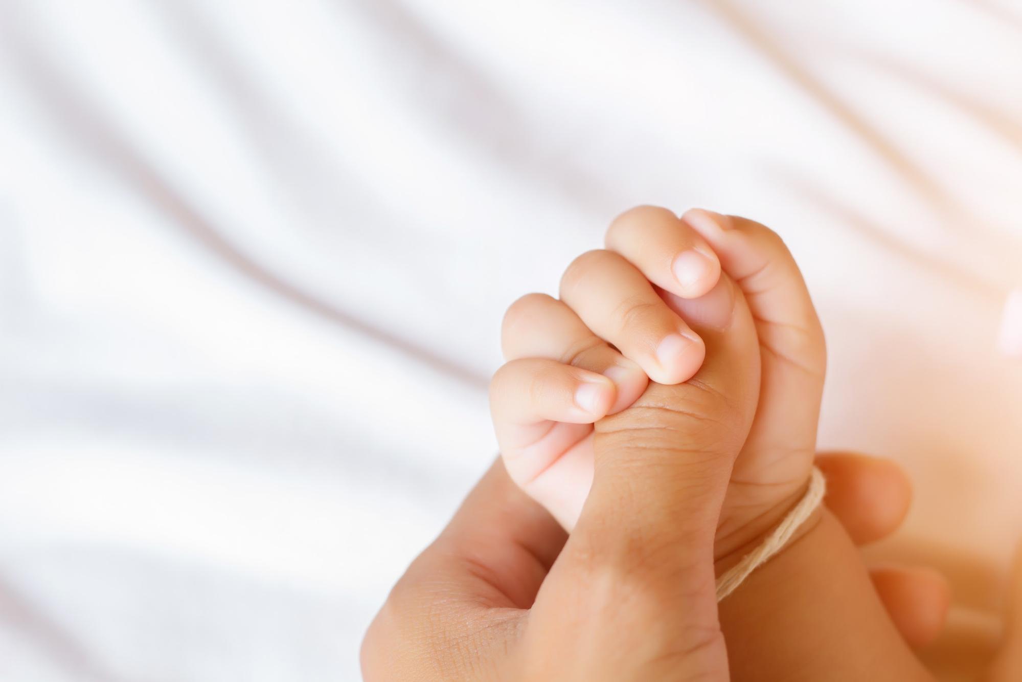 a parent holding the small hand of a premature baby